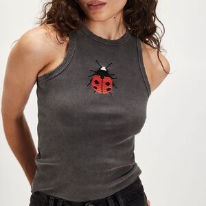 Free People Denim & Bone Embroidered Garden Fairies Tank- Ladybug